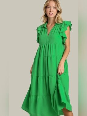 Umgee Emerald Green Tiered Maxi Dress with Ruffle Sleeves